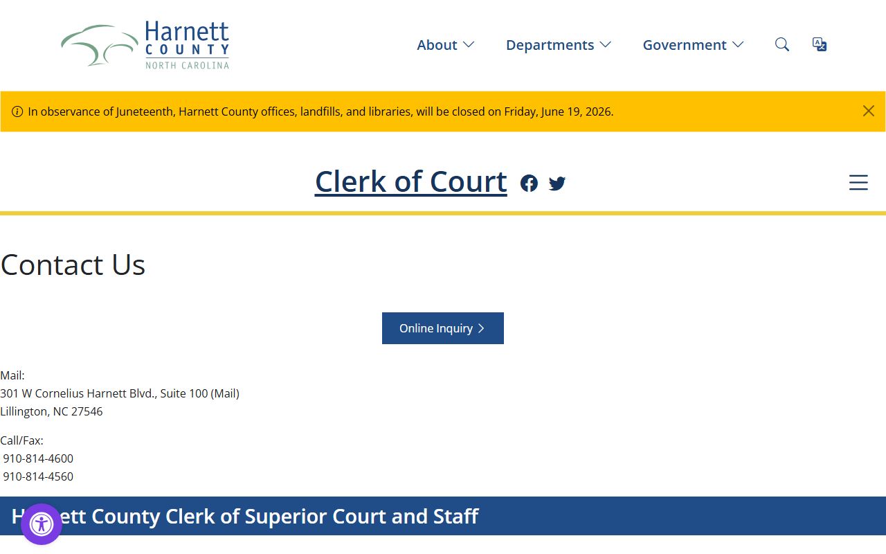 Harnett Clerk of Superior Court contact page