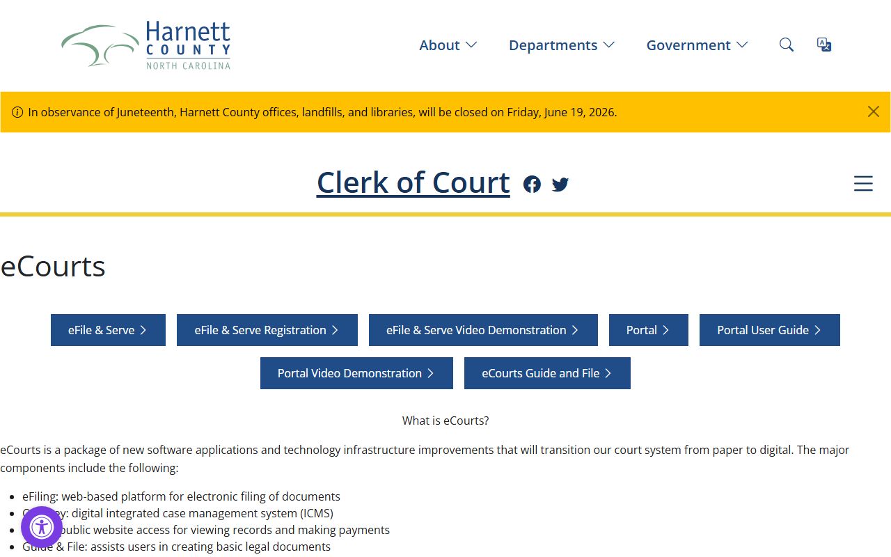 Harnett Clerk eCourts page describing Portal and Odyssey