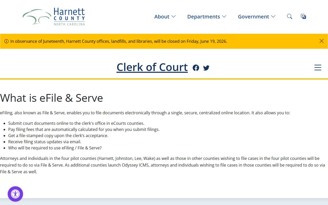 Harnett Clerk eFile and Serve page for electronic filing