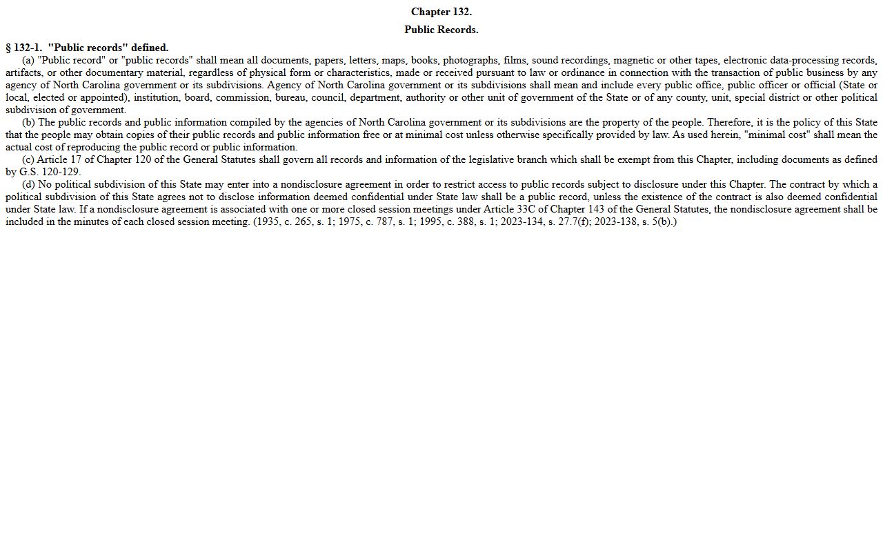 North Carolina G.S. 132-1 public records statute page