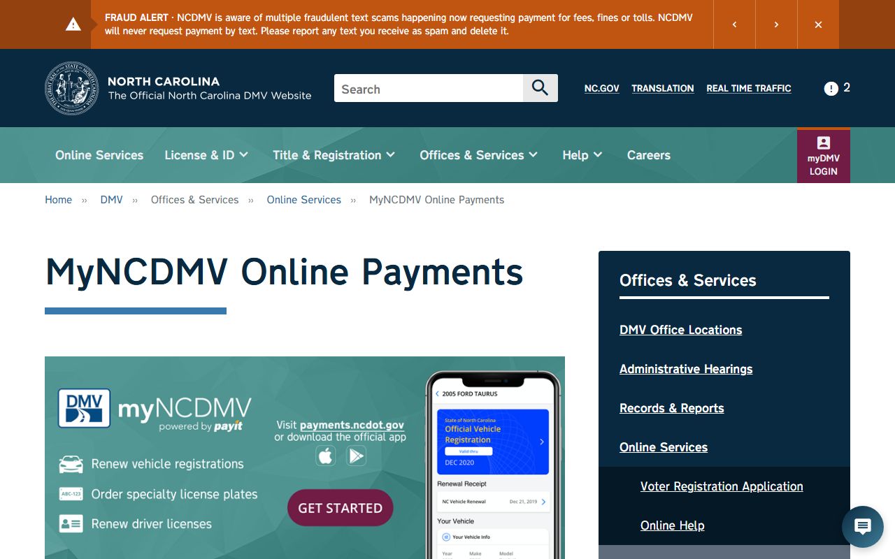 myNCDMV online services page for driver-related records