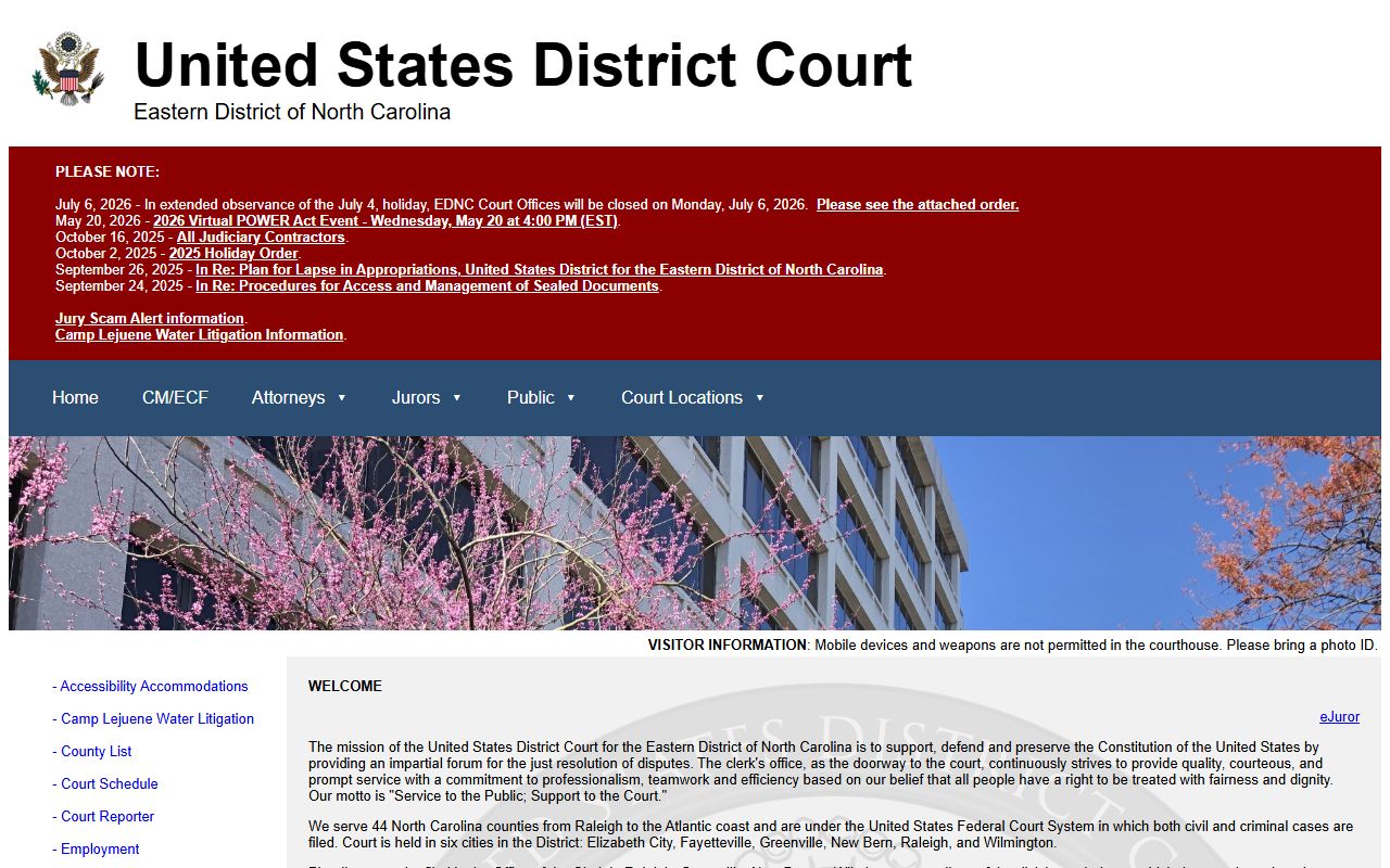 Eastern District of North Carolina federal court homepage