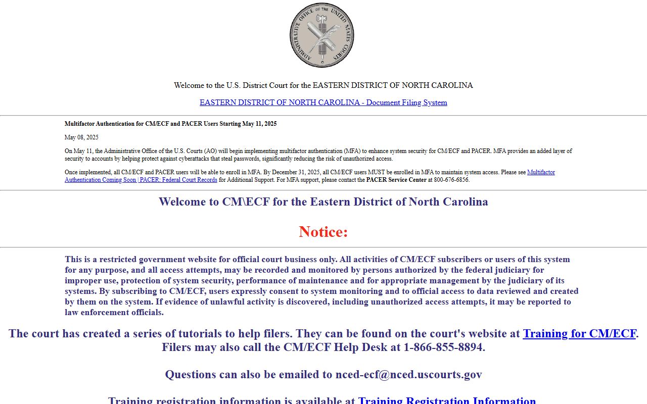 Eastern District of North Carolina CM ECF login page