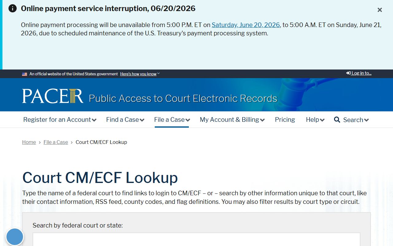 PACER CM ECF court lookup page for federal cases