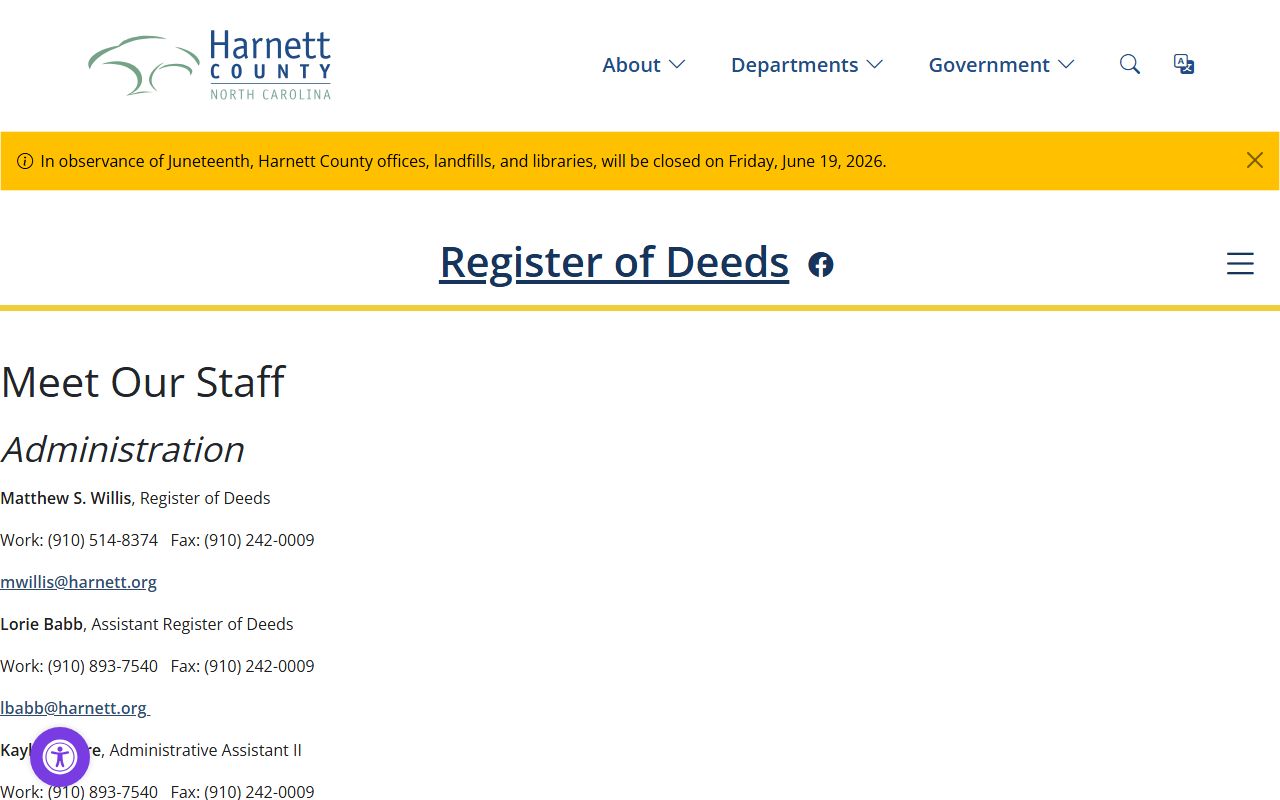 Harnett County Register of Deeds staff page for marriage and vital records