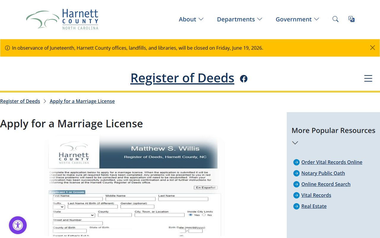 Harnett County marriage license application instructions