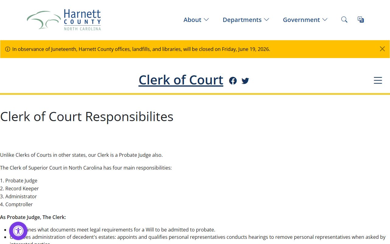 Harnett Clerk estates and wills page explaining probate judge duties