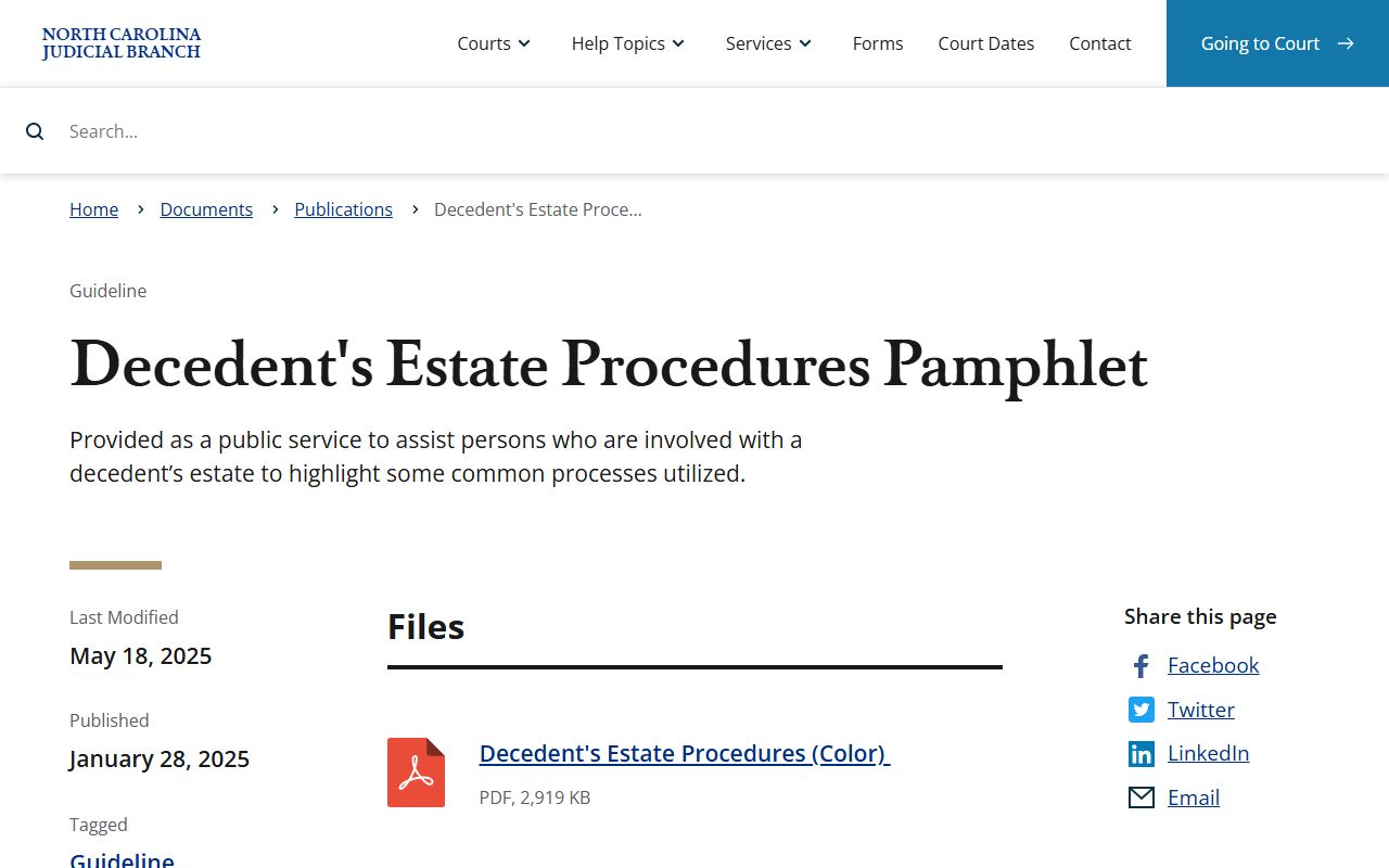 North Carolina decedent estate procedures pamphlet for probate administration