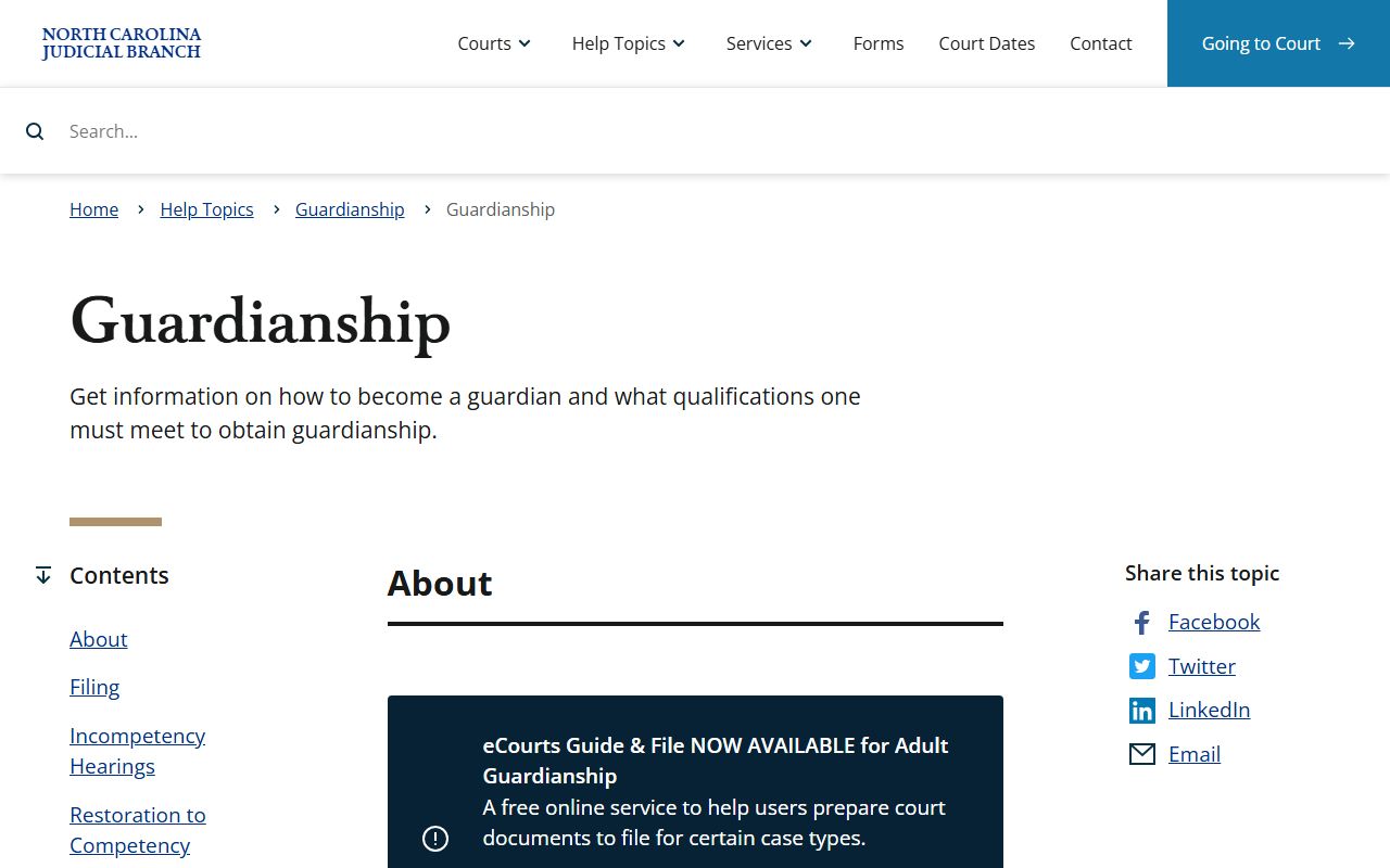 North Carolina guardianship help page for clerk special proceedings