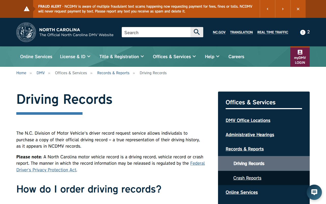 Harnett County traffic court records NCDMV driving records source