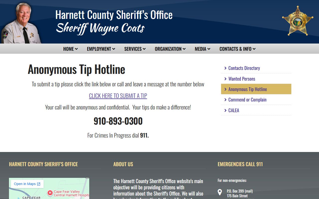 Harnett County warrant records anonymous tip hotline source